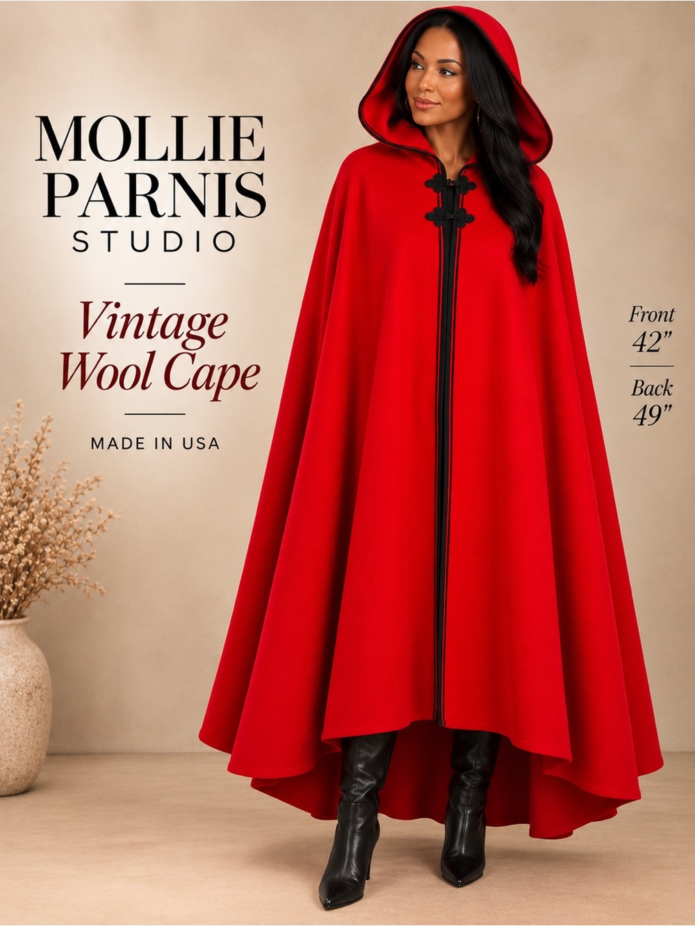 Vintage Mollie Parnis Studio Red Wool Hooded Cape Cloak Made USA